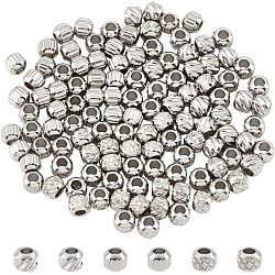 120Pcs 3 Style 201 Stainless Steel Beads, Round with Twill Pattern, Stainless Steel Color, 3x2.5mm, Hole: 1.5mm, 40pcs/style(STAS-NB0001-69)