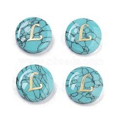 Synthetic Turquoise Beads, with Golden Tone Brass Slices, Flat Round with Letter, Letter L, 15x5.5mm, Hole: 1.4mm(G-A238-02L)