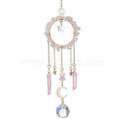 Natural Rose Quartz Chip Pendant Decorations with Brass Moon & Cable Chain & Electroplated Quartz Crystal Tassel, Faceted Round Glass Crystal Ball & Star Prism Suncatchers, 278mm(HJEW-JM01650-04)