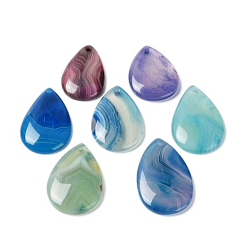 Natural Banded Agate/Striped Agate Pendants, Dyed & Heated, Teardrop Charms, Mixed Color, 38.5~49.5x24~30x5.5~6.5mm, Hole: 1.2~2mm