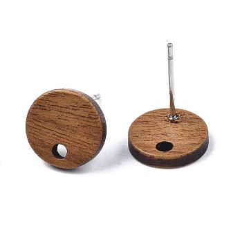Walnut Wood Stud Earring Findings, with 304 Stainless Steel Pin, Flat Round, 10mm, Hole: 2mm, Pin: 0.7mm