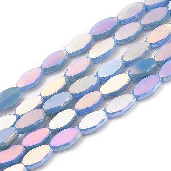 Electroplate Opaque Glass Beads Strands, Faceted, Oval, Full Rainbow Plated, Light Steel Blue, 10.5x6x3mm, Hole: 1.2mm, about 50pcs/Strand, 21.26''(54cm)