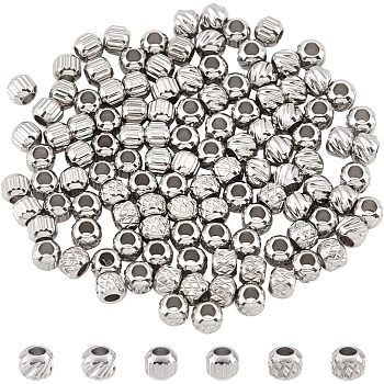 120Pcs 3 Style 201 Stainless Steel Beads, Round with Twill Pattern, Stainless Steel Color, 3x2.5mm, Hole: 1.5mm, 40pcs/style