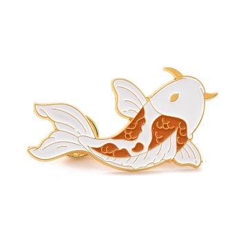 Cyprinoid Enamel Pin, Exquisite Animal Alloy Enamel Brooch for Backpack Clothes, Golden, White, 27x49x10mm, pin: 1mm