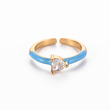 Brass Enamel Cuff Rings, Open Rings, Solitaire Rings, with Clear Cubic Zirconia, Nickel Free, Heart, Golden, Dodger Blue, US Size 7(17.3mm)