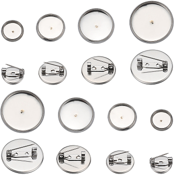 40Pcs 4 Size 304 Stainless Steel Brooch Cabochon Settings, Flat Round, Stainless Steel Color, 14~26.5x6~6.5mm, Tray: 12~25mm