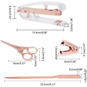 Office Tool Sets, with Transparent Spring Powered Desktop Stapler, Iron Claw Staple Remover, Stainless Steel Scissors & Envelope Opener, Rose Gold