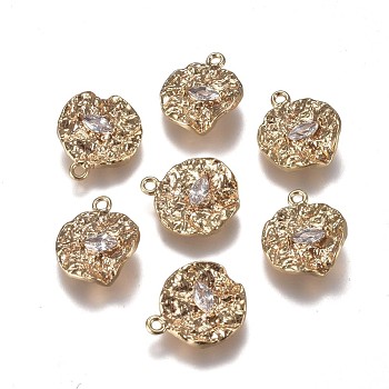 Brass Charms, with Clear Cubic Zirconia, Texture, Flat Round, Real 18K Gold Plated, 12x10x2.5mm, Hole: 1mm