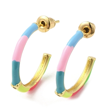 Real 18K Gold Plated Brass Ring Stud Earrings, Half Hoop Earrings with Enamel, Colorful, 19.5x2.5mm