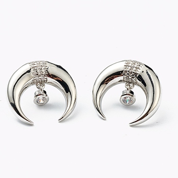 Brass Micro Pave Clear Cubic Zirconia Stud Earrings, with Ear Nuts, Double Horn/Crescent Moon, Platinum, 18.5x20mm, Pin: 0.6mm