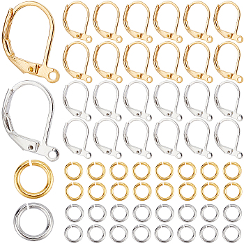 200Pcs 2 Color Brass Leverback Earring Findings, with Loops and 200Pcs Opean Jump Rings, Golden & Silver, 15x10mm, Hole: 1mm, 100Pcs/color