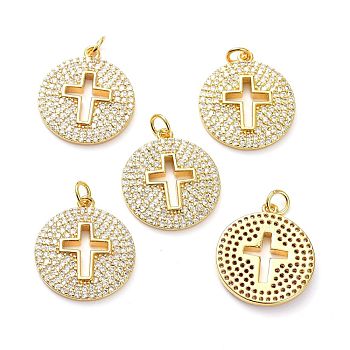 Brass Micro Pave Clear Cubic Zirconia Pendants, with Jump Ring, Long-Lasting Plated, Flat Round with Cross, Real 18K Gold Plated, 22x19x2.5mm, Jump Rings: 5x1mm, 3mm Inner Diameter