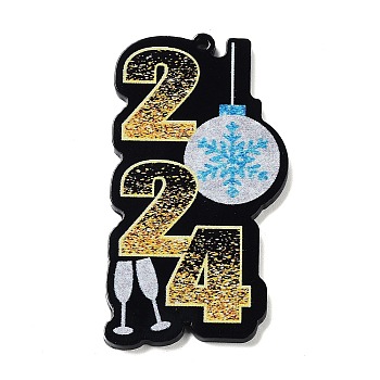 Single-sided Printed Acrylic Pendants, Number 2024 Charm, Gold, Christmas Bell, 49x26.8x2.2mm, Hole: 1.5mm