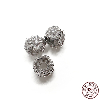Rhodium Plated 925 Sterling Silver Beads, with Cubic Zirconia, Square with Flower, Real Platinum Plated, 4.7x6.1x6.1mm, Hole: 1.8mm