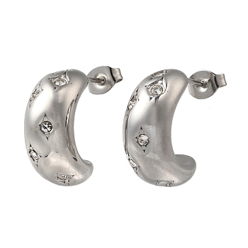 304 Stainless Steel & Rhinestones C-Shaped Stud Earrings for Women, Stainless Steel Color, 18x8mm