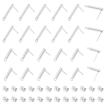 60Pcs 2 Size 304 Stainless Steel Stud Earring Finding, Rectangle Bar, with Horizontal Loop & 60Pcs Ear Nuts, Stainless Steel Color, 13~18x3mm, Hole: 1.8mm, Pin: 0.8mm, 30Pcs/style