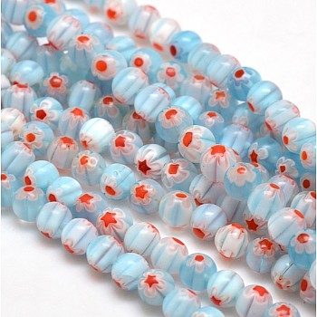 Round Millefiori Glass Beads Strands, Light Sky Blue, 6mm, Hole: 1mm, about 67pcs/strand, 14.7 inch