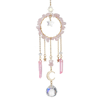 Natural Rose Quartz Chip Pendant Decorations with Brass Moon & Cable Chain & Electroplated Quartz Crystal Tassel, Faceted Round Glass Crystal Ball & Star Prism Suncatchers, 278mm