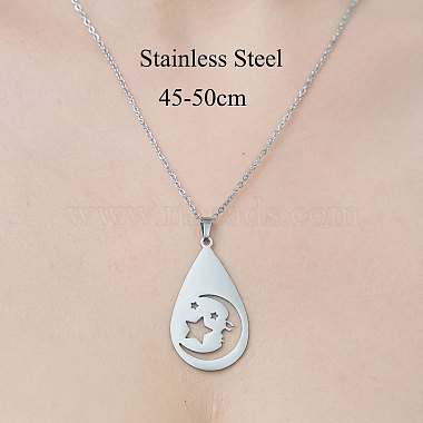 201 Stainless Steel Hollow Teardrop with Moon Pendant Necklace(NJEW-OY002-10)-3