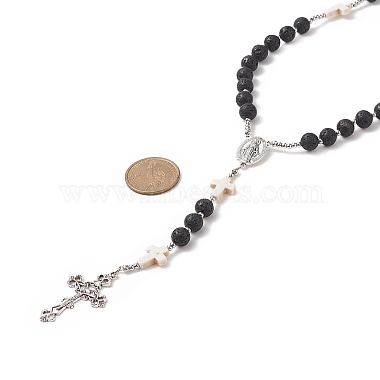 Natural Lava Rock & Synthetic Turquoise Cross Rosary Bead Necklace(NJEW-JN04202)-5