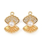 Brass Micro Pave Cubic Zirconia Pendants, Shell Shape Charms, with ABS Imitation Pearls and Loops, Long-Lasting Plated, Nickel Free, Real 18K Gold Plated, 16x10.5x5.5mm, Hole: 1.2mm(X1-KK-F902-06B-G)
