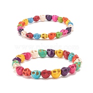 2Pcs 2 Style Synthetic Turquoise(Dyed) Skull Stretch Bracelets Set, Gemstone Halloween Jewelry for Women, Colorful, Inner Diameter: 2-1/4 inch(5.6~5.8cm), 1Pc/style(BJEW-JB08071)