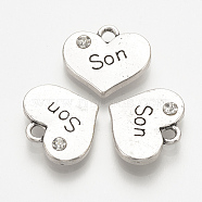 Mother's Day Theme, Alloy Rhinestone Pendants, Heart with Word Son, Crystal, 14~15x16~16.5x3mm, Hole: 2~3mm(TIBE-Q082-173AS-01)