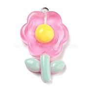 Translucent Resin Pendants, Flower Charms, with Platinum Tone Iron Loops, Hot Pink, 35x22x8mm, Hole: 1.6mm(RESI-G078-01H)