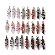 Natural & Synthetic Gemstone Big Pendants, with Mixed Color Plated Rack Plating Brass Findings and Mixed Stone Chip Beads, Cadmium Free & Lead Free, Faceted, Hexagonal Prisms Charm, Mixed Dyed and Undyed, 64~68x16~17x16~17mm, Hole: 7.5mm(G-H274-05)