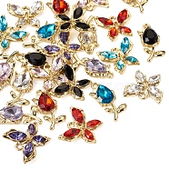 24Pcs 12 Style Glass Rhinestone Pendants, with Golden Alloy Findings, Butterfly & Flower Charms, Mixed Color, 16~22x9.5~17.5x4~5mm, Hole: 1.6~1.8mm, 2Pcs/style(FIND-TA0003-03)