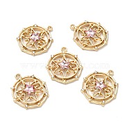 Faceted Glass Pendants, with Light Gold Plated Alloy Findings, Flat Round with Star, Pearl Pink, 29.5x26x5mm, Hole: 1.6mm(FIND-G028-01D-LG)
