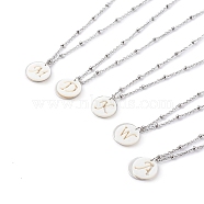 Natural Shell Initial Necklaces, Pendant Necklaces, with 304 Stainless Steel Satellite Chains, Flat Round with Letter, White, Stainless Steel Color, 15.9 inch(40.4cm)(NJEW-JN03420)
