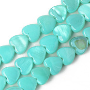 Spray Painted Natural Freshwater Shell Beads Strands, Heart, Turquoise, 5x6x3mm, Hole: 0.5mm, about 72~74pcs/strand, 14.84 inch~15.27 inch(37.7~38.8cm)(SHEL-N026-69C)