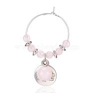 Natural Rose Quartz Wine Glass Charms, with Alloy Lotus Pendants and Brass Hoops, 46x27mm(AJEW-JO00154-01)