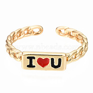 Brass Enamel Cuff Rings, Open Rings, for Valentine's Day, Nickel Free, Curb Chain, Word I Love You, Real 16K Gold Plated, Black, US Size 8 3/4(18.7mm)(RJEW-N035-012A-NF)