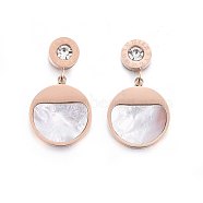 304 Stainless Steel Dangle Stud Earrings, with Rhinestone and Shell, Flat Round, Rose Gold, 28.5x16x3.5mm, Pin: 0.8mm(EJEW-H367-25RG)