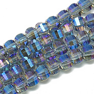 Electroplate Glass Beads Strands, Rainbow Plated, Faceted, Round, Dodger Blue, 6x5x5mm, Hole: 1mm, about 95~96pcs/strand, 17.20 inch(43.7cm)(EGLA-Q094-A15)