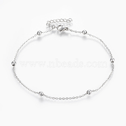 Tarnish Resistant 304 Stainless Steel Anklets, with Lobster Claw Clasps, Round Beads and Cable Chains, Stainless Steel Color, 9 inch(230mm), 1.5mm(AJEW-H013-01P)