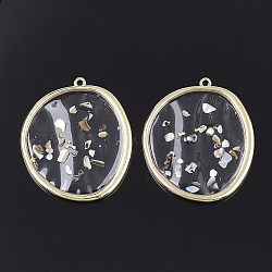 Epoxy Resin Pendants, with Shell and Alloy Findings, Flat Round, Colorful, Golden, 40x34x2.5mm, Hole: 1.8mm(RESI-S365-29)