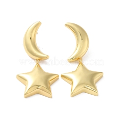 Long-Lasting Plated Brass Star and Moon Dangle Stud Earrings for Women, Cadmium Free & Lead Free, Real 18K Gold Plated, 49mm, Pin: 1mm(EJEW-K093-27G)