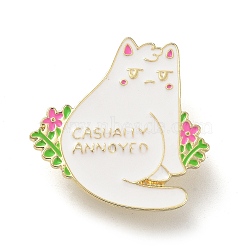 Black Golden Zinc Alloy Brooches, Enamel Pins, for Backpack Cloth, Cat Shape with Word, White, 30.5x31x2mm(JEWB-M039-04G)