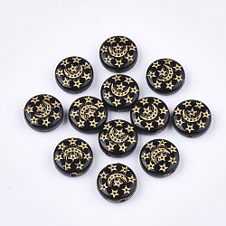 Plating Acrylic Beads, Metal Enlaced, Flat Round with Moon & Star, Black, 13x5mm, Hole: 1.5mm(X-PACR-T008-03)