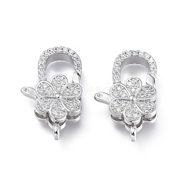 Brass Micro Pave Clear Cubic Zirconia Lobster Claw Clasps, Long-Lasting Plated, Flower, Platinum, 20x13x6.3mm, Hole: 1.8mm(ZIRC-Q024-18P)