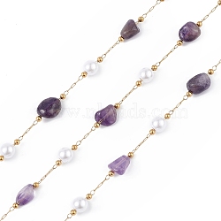 Natural Amethyst Nugget & Glass Imitation Pearl Beaded Chain, with Golden 304 Stainless Steel Satellite Chains, Unwelded, with Spool, 5~12x4~8x4~7mm, 6x5mm, 2.5x2mm, about 32.81 Feet(10m)/Roll(CHS-C006-02F)