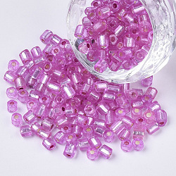 6/0 Two Cut Glass Seed Beads, Hexagon, Silver Lined, Orchid, 3.5~5x3.5~4mm, Hole: 1mm, about 4500pcs/bag(SEED-S033-05B-01)