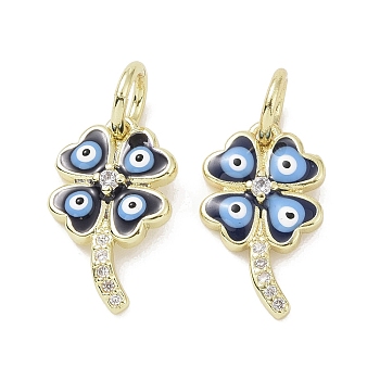 Real 18K Gold Plated Brass Micro Pave Cubic Zirconia Pendants, with Enamel and Jump Ring, Evil Eye Charms, Clover, 15.5x9.5x2.5mm, Hole: 4mm
