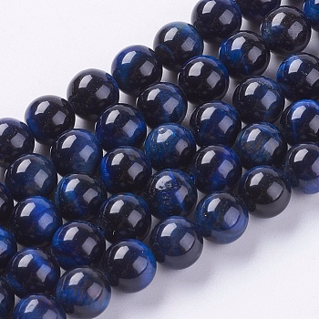Natural Tiger Eye Beads Strands, Grade A, Dyed & Heated, Round, Medium Blue, 8mm, Hole: 1mm, about 48pcs/strand, 15.75 inch