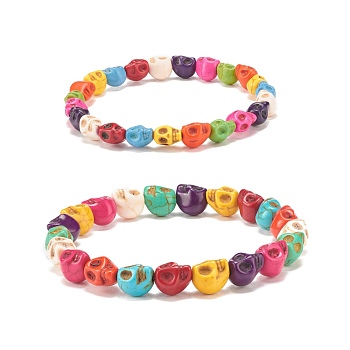 2Pcs 2 Style Synthetic Turquoise(Dyed) Skull Stretch Bracelets Set, Gemstone Halloween Jewelry for Women, Colorful, Inner Diameter: 2-1/4 inch(5.6~5.8cm), 1Pc/style