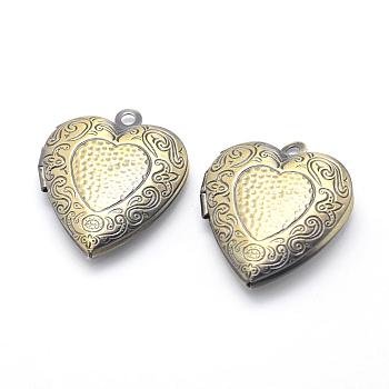 Brass Locket Pendants, Photo Frame Charms for Necklaces, Cadmium Free & Nickel Free & Lead Free, Heart, Brushed Antique Bronze, 22.5x19x5.5mm, Hole: 2mm, Inner Size: 13.5x11mm