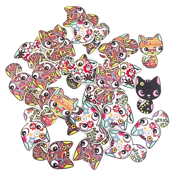 2-hole Painted Wooden Buttons, Cat, Mixed Color, 26x17mm, 50pcs/bag